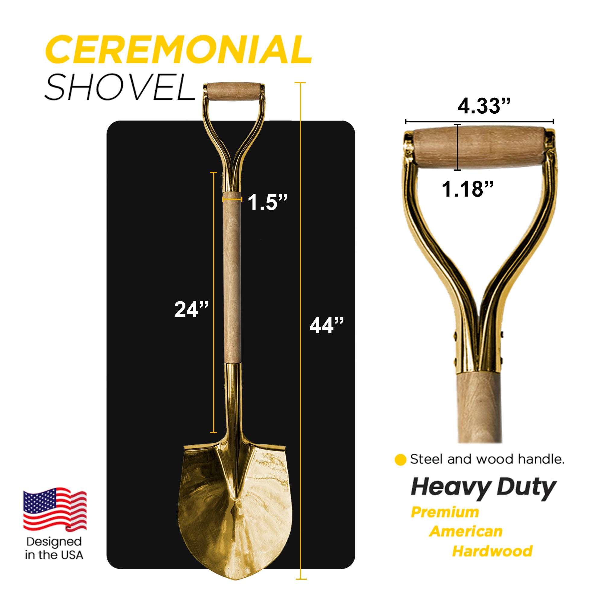 Terra Tools Professional Polished Groundbreaking shovel - Gold Ceremonial Shovel with Wood D-Handle