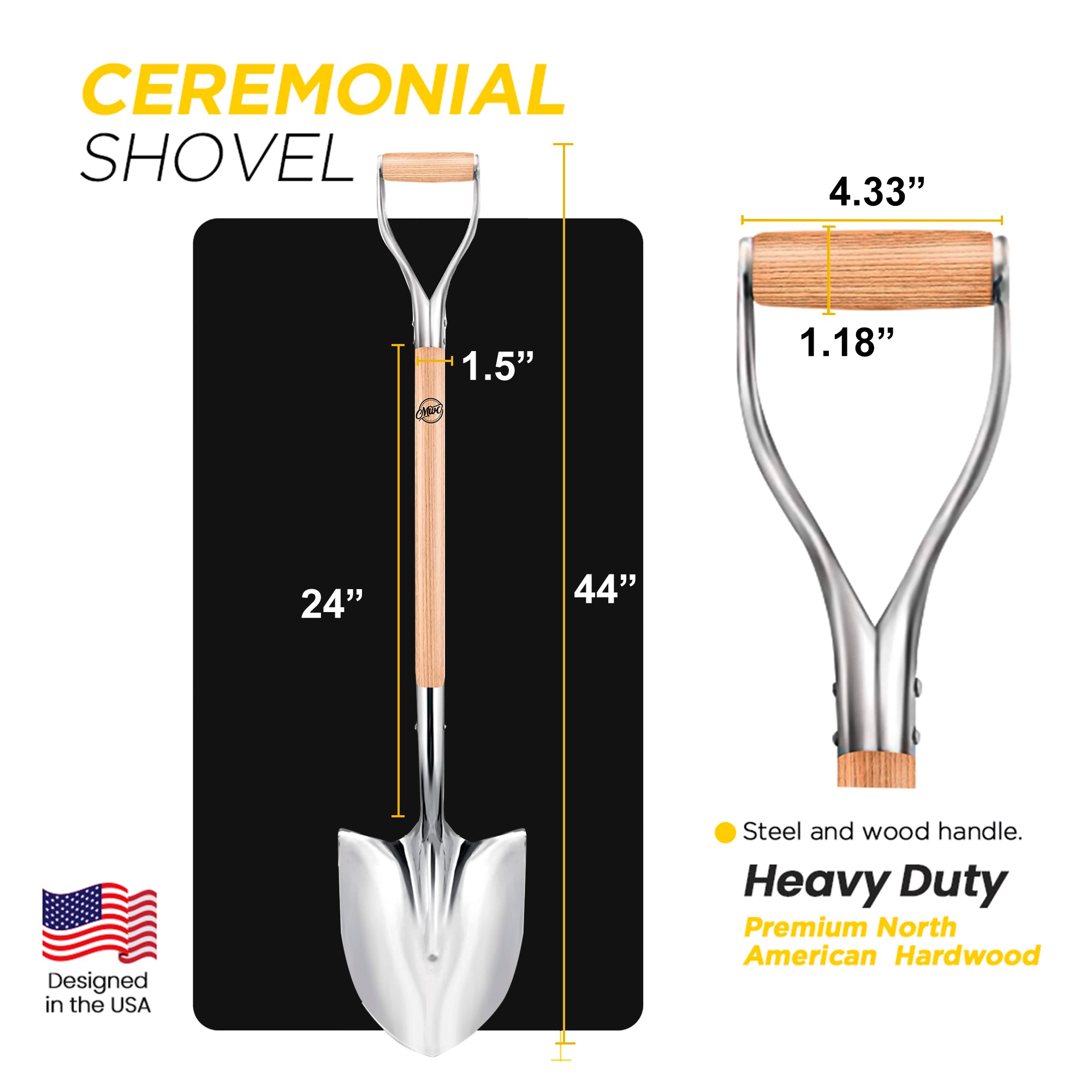 MWC Professional Polished Chrome Ceremonial Shovel with Wood D-Handle